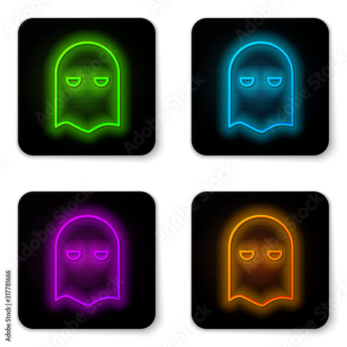 Glowing neon line Executioner mask icon isolated on white background. Hangman, torturer, executor, tormentor, butcher, headsman icon. Black square button. Vector Illustration