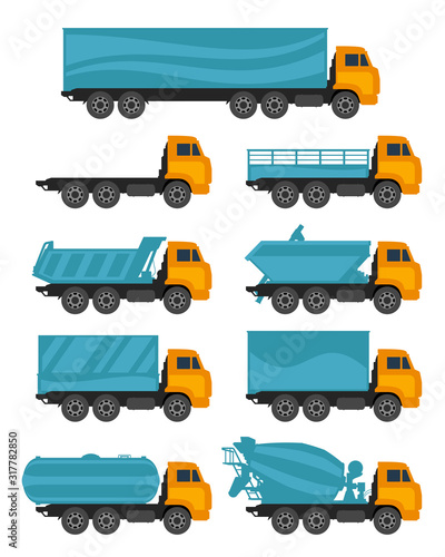 Set of trucks on a white background