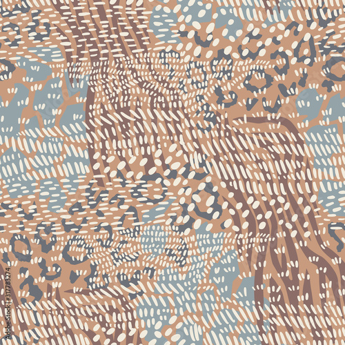 Abstract repeat pattern with different geometric shapes. Mix stylish animal skin tiger, giraffe, leopard spots and zebra stripes, snake. Exotic decorative jungle ornament made of wild animal fur print