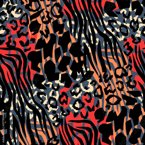 Mix animal skin prints. Leopard, tiger, giraffe and zebra seamless pattern. Textile and fabric fashion design.