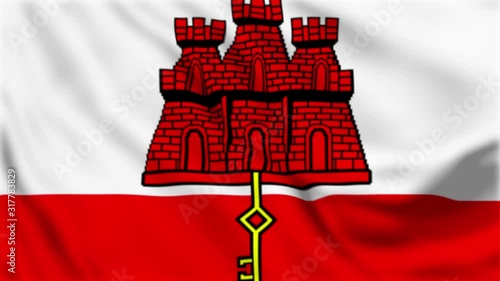 Gibraltar Flag Wave Loop waving in wind. Realistic British Territory Flag background. Gibraltar Flag Looping Closeup 4k footage. Gibraltar EU European country flags.