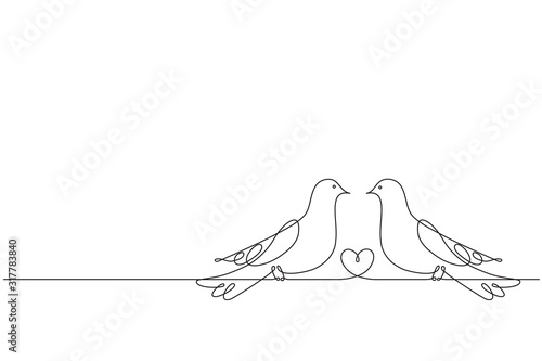 Couple of love birds and a heart. Continuous line drawing. Two enamoured pigeon and heart between them. A symbol of wedding, fidelity of love and family happiness. 