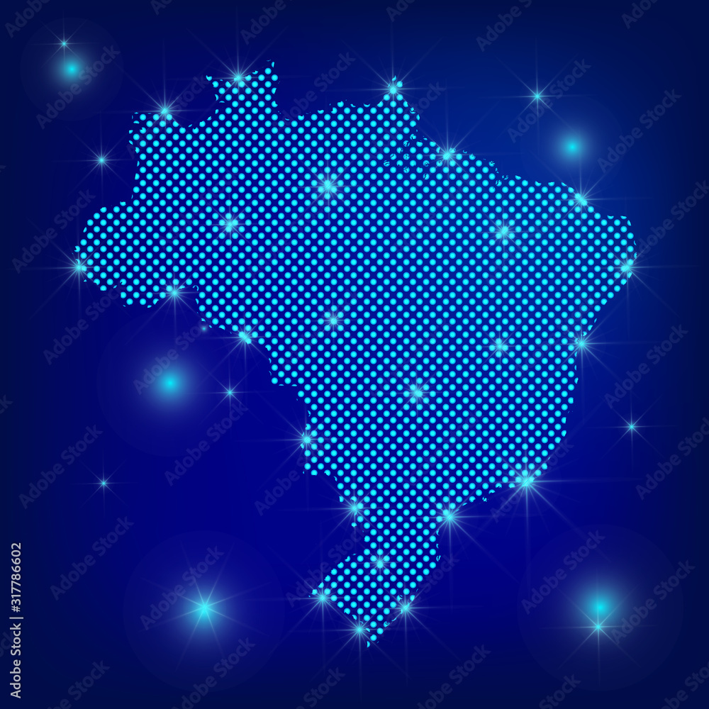 Brazil map in blue. Dotted map. Dots  Brazil map with spotlights on dark blue background.  Global social network.  Blue futuristic background with map of Brazil. EPS10