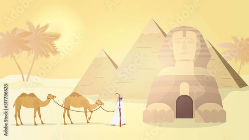 Egyptian Sphinx and Pyramids. Desert. A man leads camels through the desert. Vector illustration.