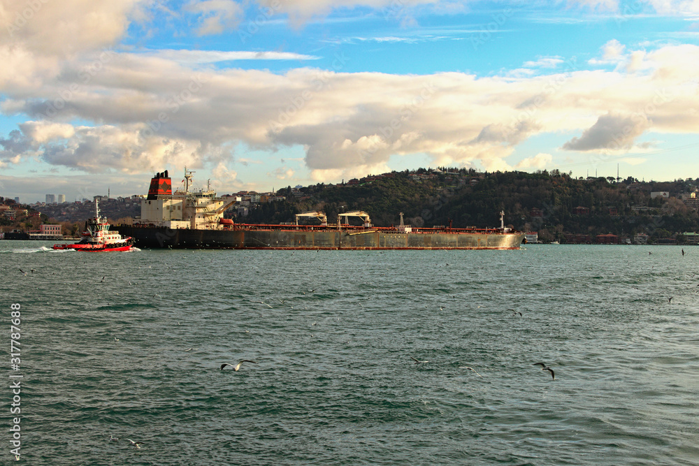 Picturesque landscape view of The Bosporus (Bosphorus or Strait of Istanbul) on a cloudy winter day. The Bosporus Strait with sea traffic, ships and boats. White seagulls are flying over the sea