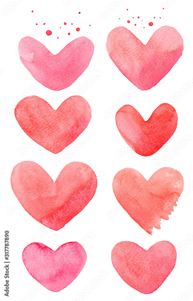 set of watercolor hand drawn red valentines hearts isolated on white background eight pieces