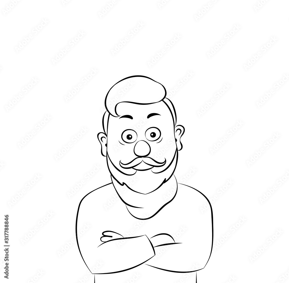 Vector illustration portrait of happy old man with a mustache and beard,hipster crossing hands.Linear silhouette on a white background. Vector illustration portrait of happy old man with a mustache and beard,hipster crossing hands.Linear silhouette on a white background.