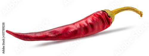 1 dry red chilli pepper Isolated on white background.