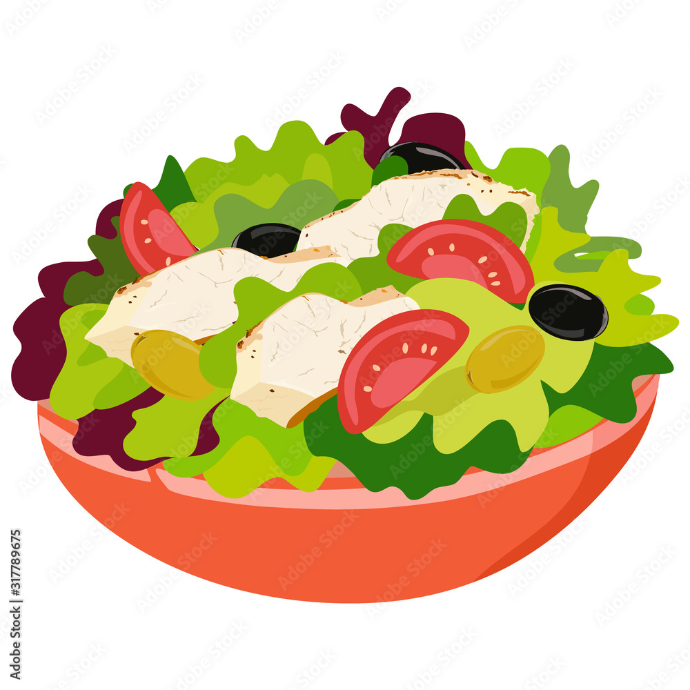 Vector drawing of fresh spring vitamin salad in a deep plate with lettuce, slices of tomato, olives and sliced steak, white meat Vector drawing of fresh spring vitamin salad in a deep plate with lettuce, slices of tomato, olives and sliced steak, white meat