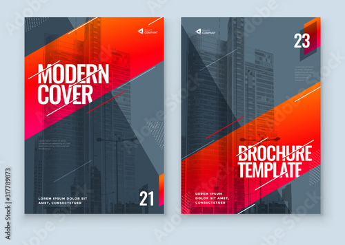 Red Brochure Design. A4 Cover Template for Brochure, Report, Catalog, Magazine. Layout with Bright Color Shapes and Abstract Photo on Background. Modern Brochure concept
