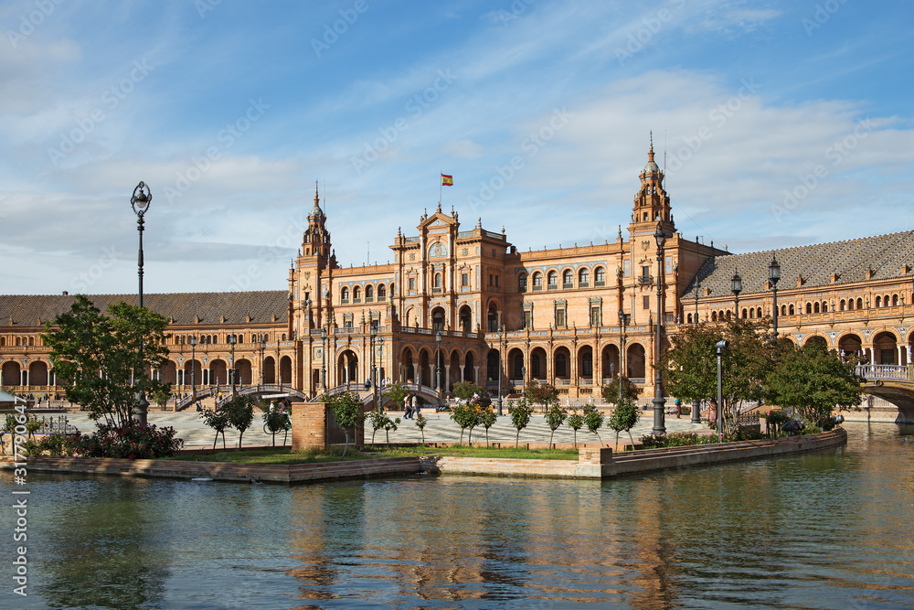 Spain square (Plaza de España) in Seville. The complex was built in 1928 for the Ibero-American Exposition and now is a very popular landmark of the city.