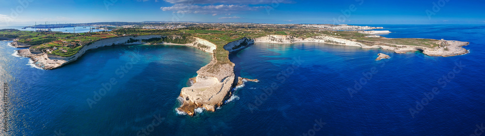 Panorama of beautiful cliffs near Marsaxlokk on Malta