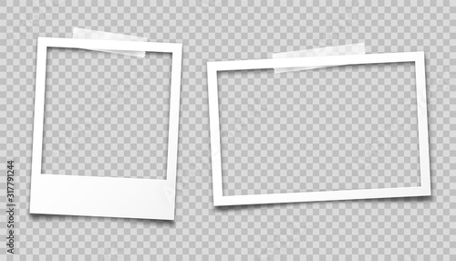 Realistic empty photo card frame, film set. Retro vintage photograph with transparent adhesive tape. Digital snapshot image. Template or mockup for design. Vector illustration. photo