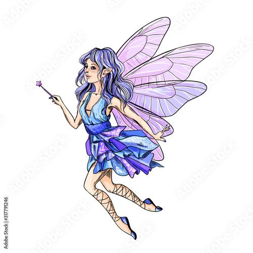 Cute blue hair fairy with pink wings and wand