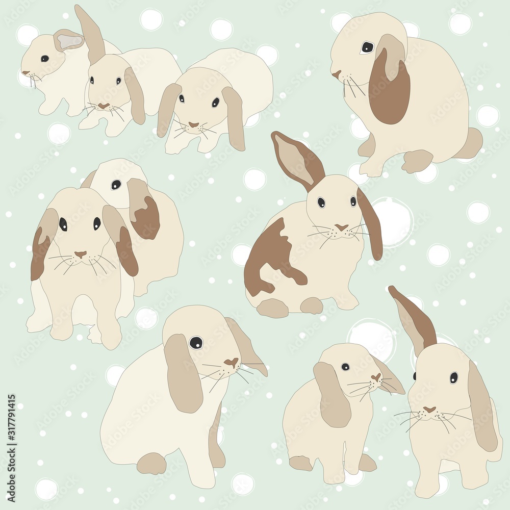 Set of cute funny bunnies. Cute hand drawn design. Bunny Set (one of three)
