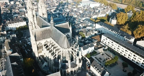 View from drone of impressive Roman Catholic Cathedral of Tours in morning, France photo