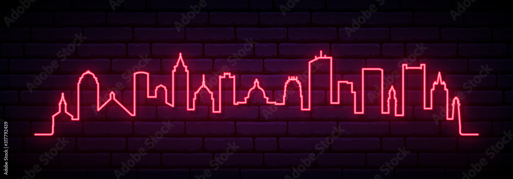 Fototapeta Red neon skyline of Boston city. Bright Boston long banner. Vector illustration.