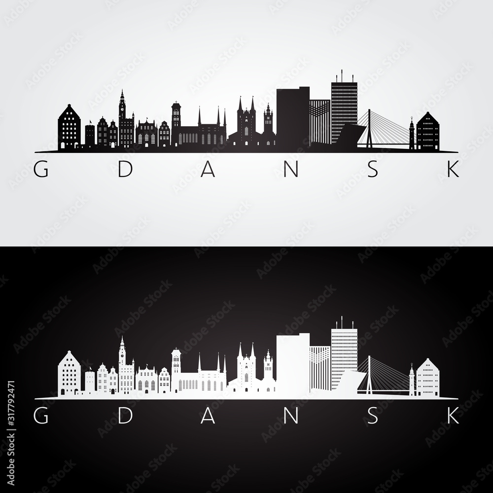 Gdansk skyline and landmarks silhouette, black and white design, vector illustration.
