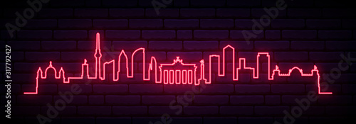 Red neon skyline of Berlin city. Bright Berlin long banner. Vector illustration.