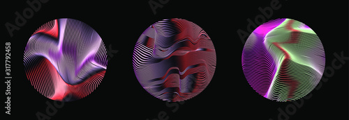 Illuminated holographic circle with glitched texture, wavy lines. Retrofuturistic illustration in 80s-90s Vaporwave, synthwave, retrowave style.