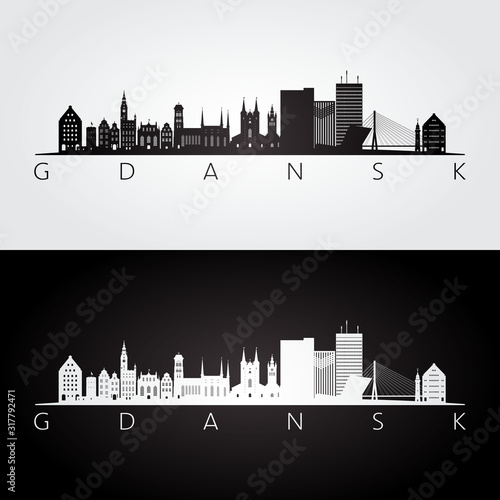 Gdansk skyline and landmarks silhouette, black and white design, vector illustration.