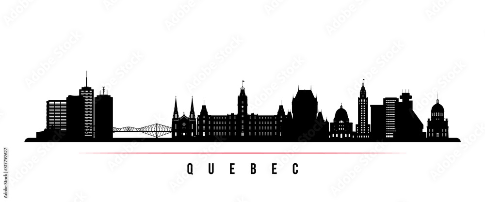 Quebec skyline horizontal banner. Black and white silhouette of Quebec, Canada. Vector template for your design.