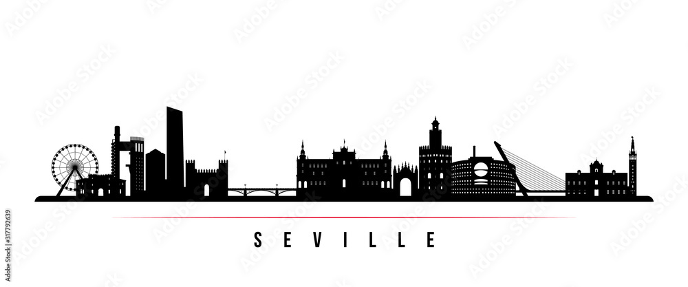 Obraz premium Baner poziomy Sevilla skyline. Czarno-biała sylwetka Sewilli, Hiszpania. Szablon wektor dla swojego projektu.