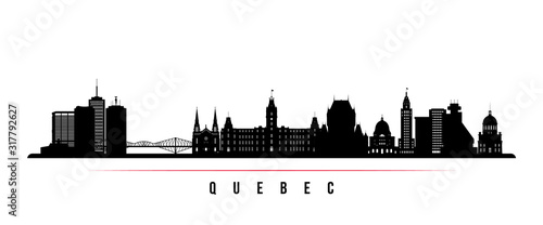 Quebec skyline horizontal banner. Black and white silhouette of Quebec, Canada. Vector template for your design.