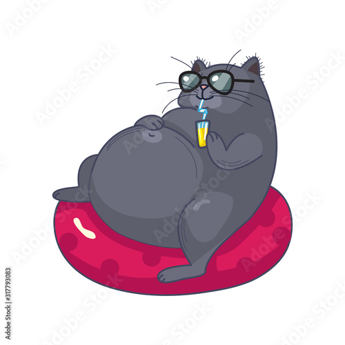 Cute fat British cat in sunglasses resting on an inflatable circle for swimming, sipping a cocktail