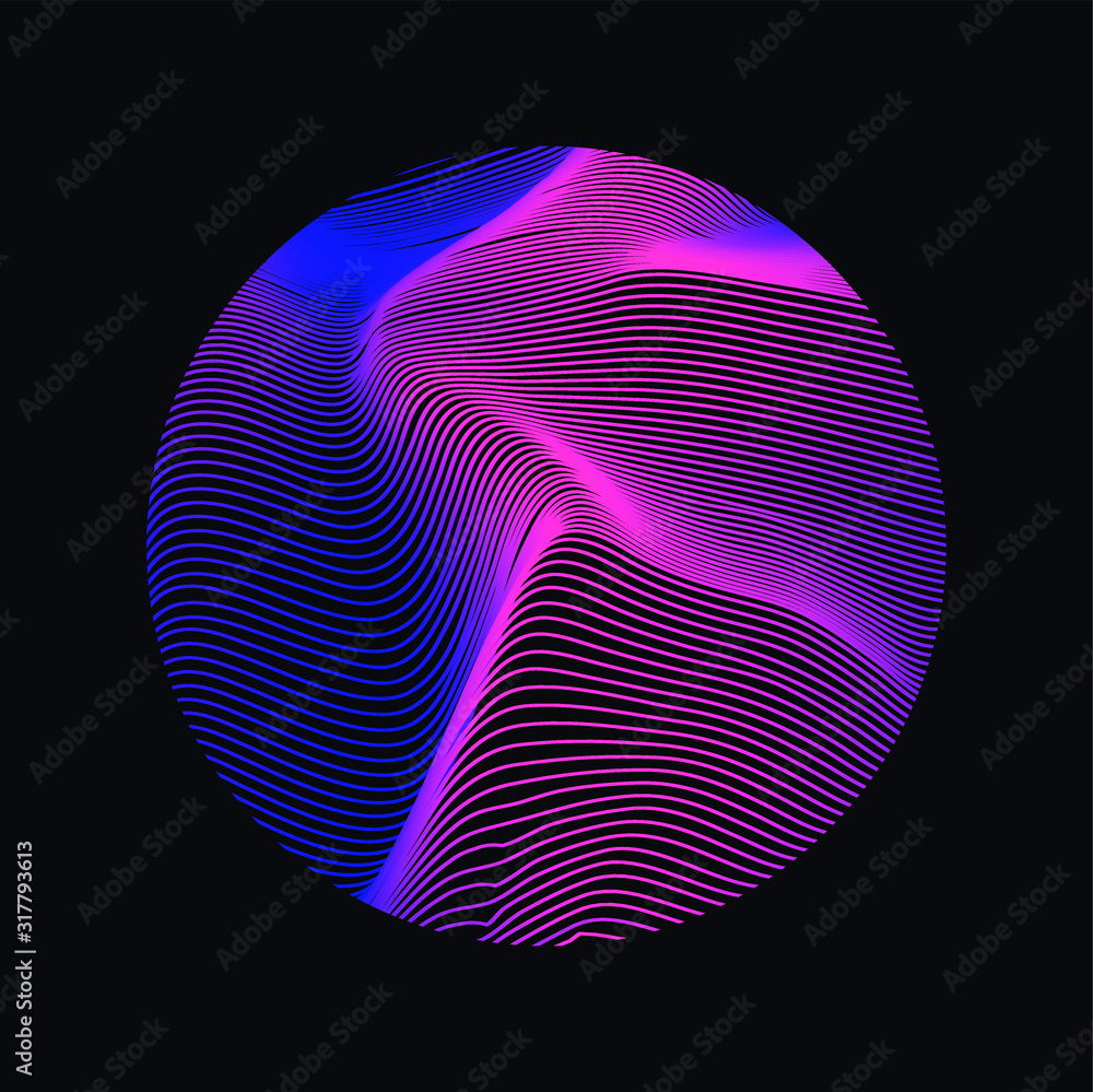 Illuminated holographic circle with glitched texture, wavy lines. Retrofuturistic illustration in 80s-90s Vaporwave, synthwave, retrowave style. - obrazy, fototapety, plakaty 