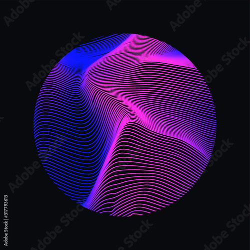Illuminated holographic circle with glitched texture, wavy lines. Retrofuturistic illustration in 80s-90s Vaporwave, synthwave, retrowave style.