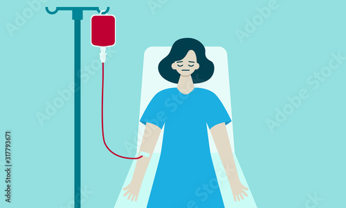 Woman in a hospital with blood in a medical dropper. Flat design. Vector illustration
