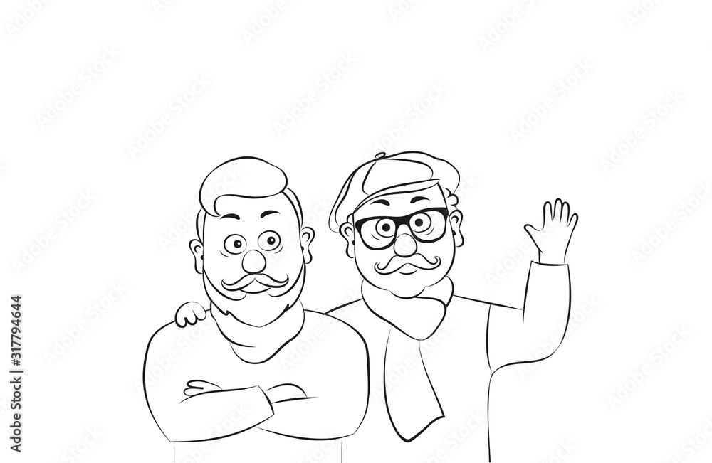 Vector illustration two attractive old men,old people stand in different positions.Linear silhouette on a white background. Vector illustration two attractive old men,old people stand in different positions.Linear silhouette on a white background.