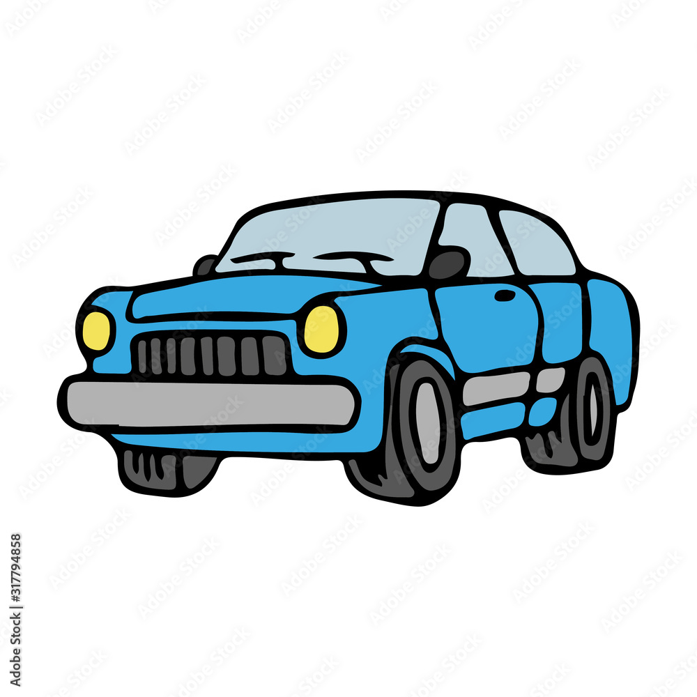 Blue cartoon car. Front and side view. Vector hand drawing. Isolated object on a white background. Isolate.
