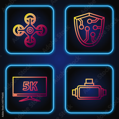 Set line Virtual reality glasses, Monitor display with 5k video, Drone and Cyber security. Gradient color icons. Vector