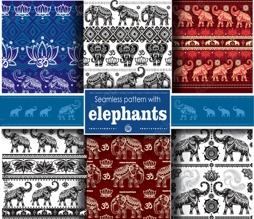 Set of seamless ethnic pattern with elephants