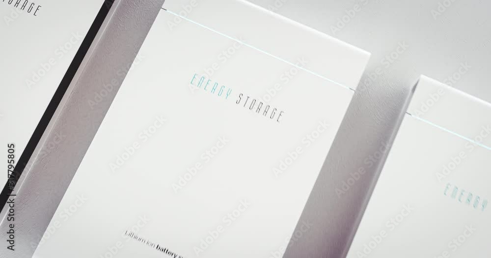 Concept of a residential integrated battery energy storage system. Multiple modern white lithium ion batteries mounted on clean wall. 3d rendering.