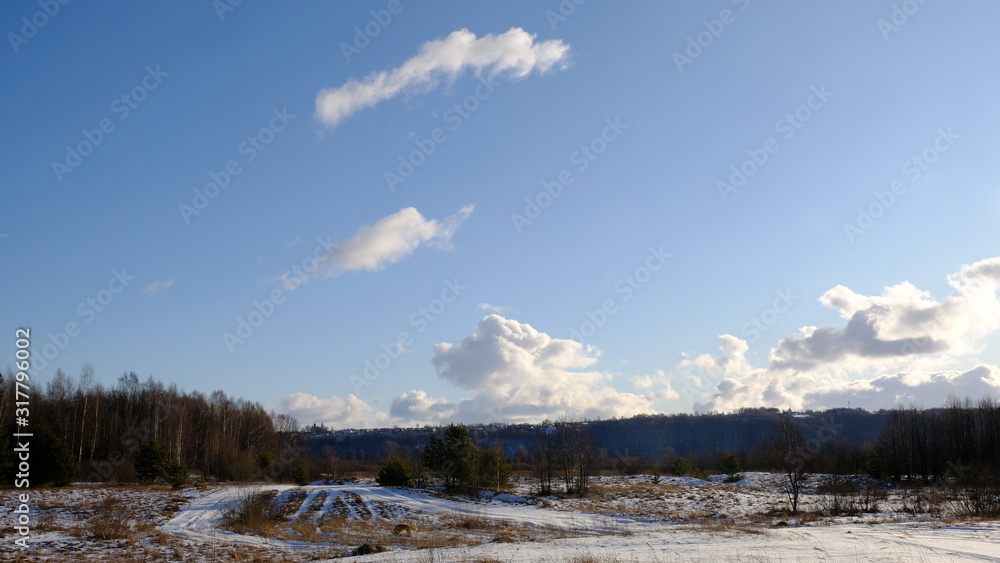 Landscape in early spring: forest and green pines against a bright blue sky with clouds. The remnants of snow lie on the bare ground. Sunny day. Landscape in early spring: forest and green pines against a bright blue sky with clouds. The remnants of snow lie on the bare ground. Sunny day.