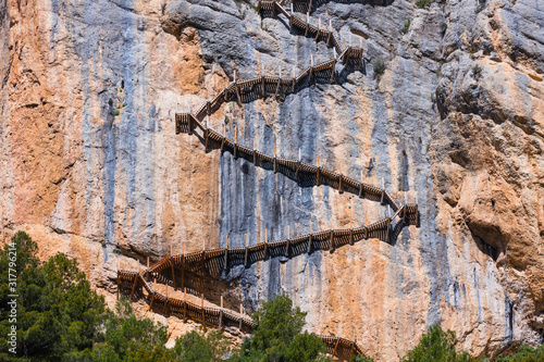 Path hanging on the rock, Montrebei Gorge - Congost de Mont Rebei, Noguera Ribagorzana river, Montsec Range, The Pre-Pyrenees, Ribagorza, Huesca, Aragon, Spain, Europe photo