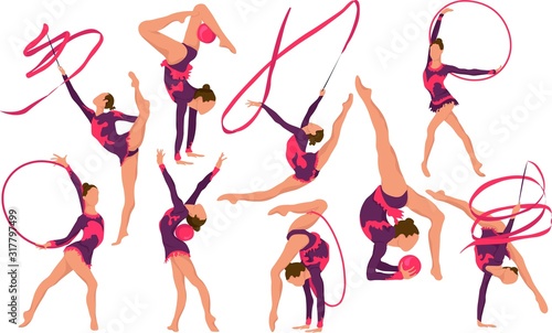 Set girl rhythmic gymnastics vector illustration. Training performance strength gymnastics. Championship workout rhythmic gymnastics beautiful character.Women Acrobatic Gymnastics, flat