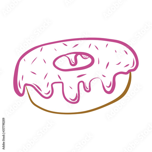 Donut with pink icing. Color vector illustration of a confectionery. Hand-drawn and isolated on white