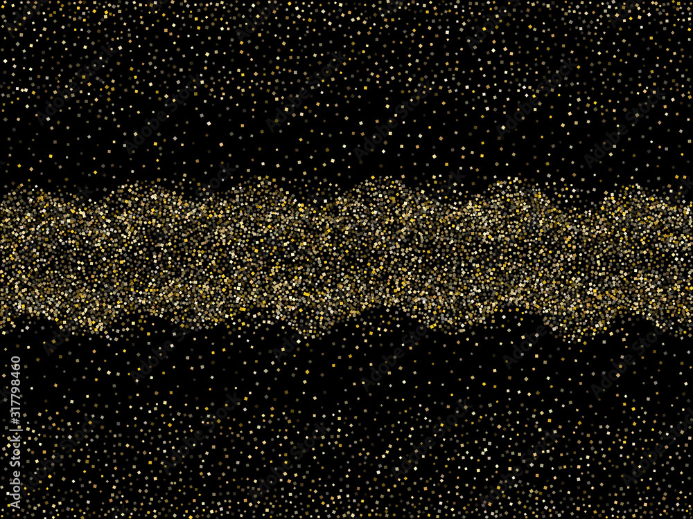Gold sparkles glitter dust metallic confetti on black vector background.