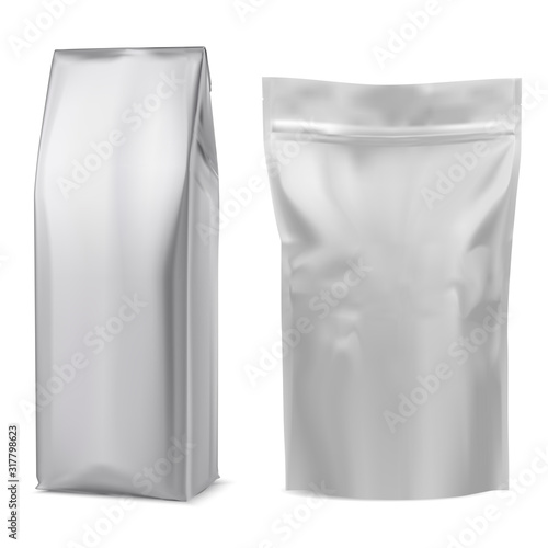 Foil coffee bag mockup. White pouch. 3d package mock up design template. Gray tea sack. Realistic powder beverage paper box. Dry drink silver packet. Snack or biscuit product container