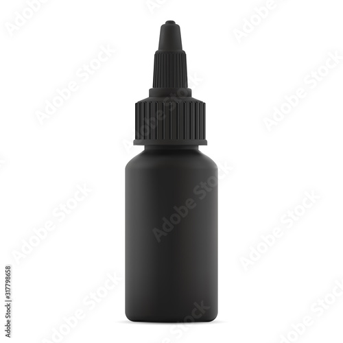 Vape liquid plastic bottle. E juice dropper jar mockup. Hair dye color black vial blank. Super glue product packing. Vapour oil packaging template