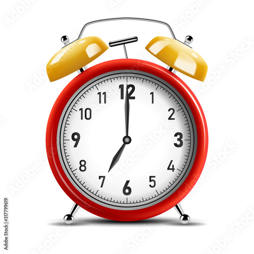 Realistic shiny yellow and red alarm clock. Vector Illustration