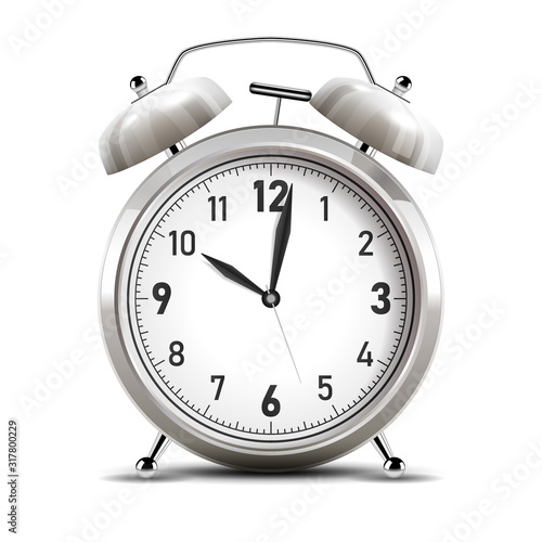 Realistic chrome alarm clock. Vector Illustration