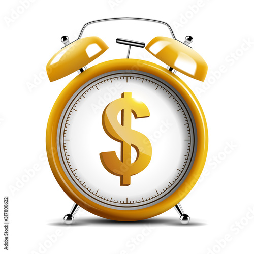 Realistic shiny yellow alarm clock with shiny dollar emblem, time is money concept. Vector Illustration