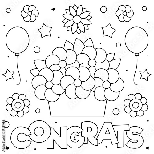 Congrats. Coloring page. Black and white vector illustration.