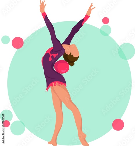 Young girl rhythmic gymnastics with ball vector illustration. Training performance strength gymnastics. Championship workout rhythmic gymnastics beautiful character.Women Acrobatic Gymnastics, flat