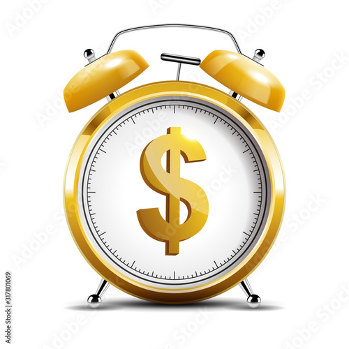 Realistic shiny gold alarm clock with shiny dollar emblem, time is money concept. Vector Illustration